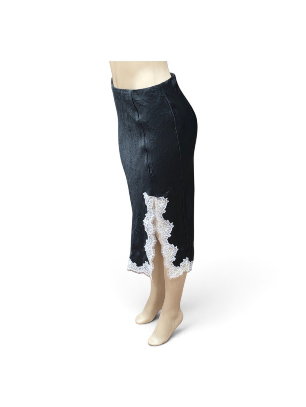 J.CREW Womens XS Black Satin Lace Trim Slit Midi Skirt Slip Style CD354